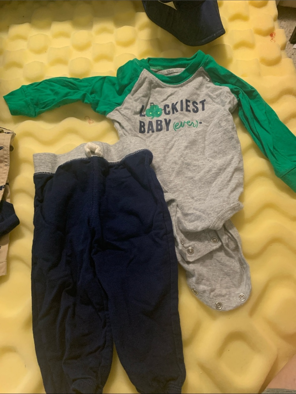 Carter's Green & Gray 'Luckiest Baby' Raglan One-Piece with Navy Pants